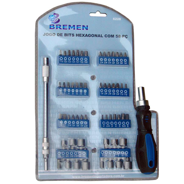 Jogo de Bits Bremen 6228 com 58 peças Acompanha Chave Suporte p/bits em Aço