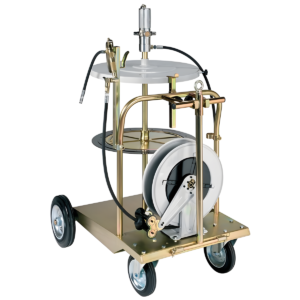 Kit Engraxadeira Pneumática Ecodora 65:1 com Vazão de 1,9 kg/min. Acompanha Carrinho, Tampa do Tambor, Compactador, Carretel Automático e Gatilho com Suporte. Adaptável a Tambores de 180 a 220kg MIX-6400065