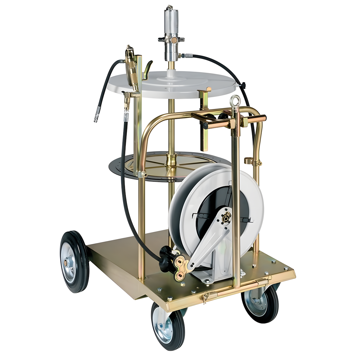 Kit Engraxadeira Pneumática Ecodora 65:1 com Vazão de 1,9 kg/min. Acompanha Carrinho, Tampa do Tambor, Compactador, Carretel Automático e Gatilho com Suporte. Adaptável a Tambores de 180 a 220kg MIX-6400065