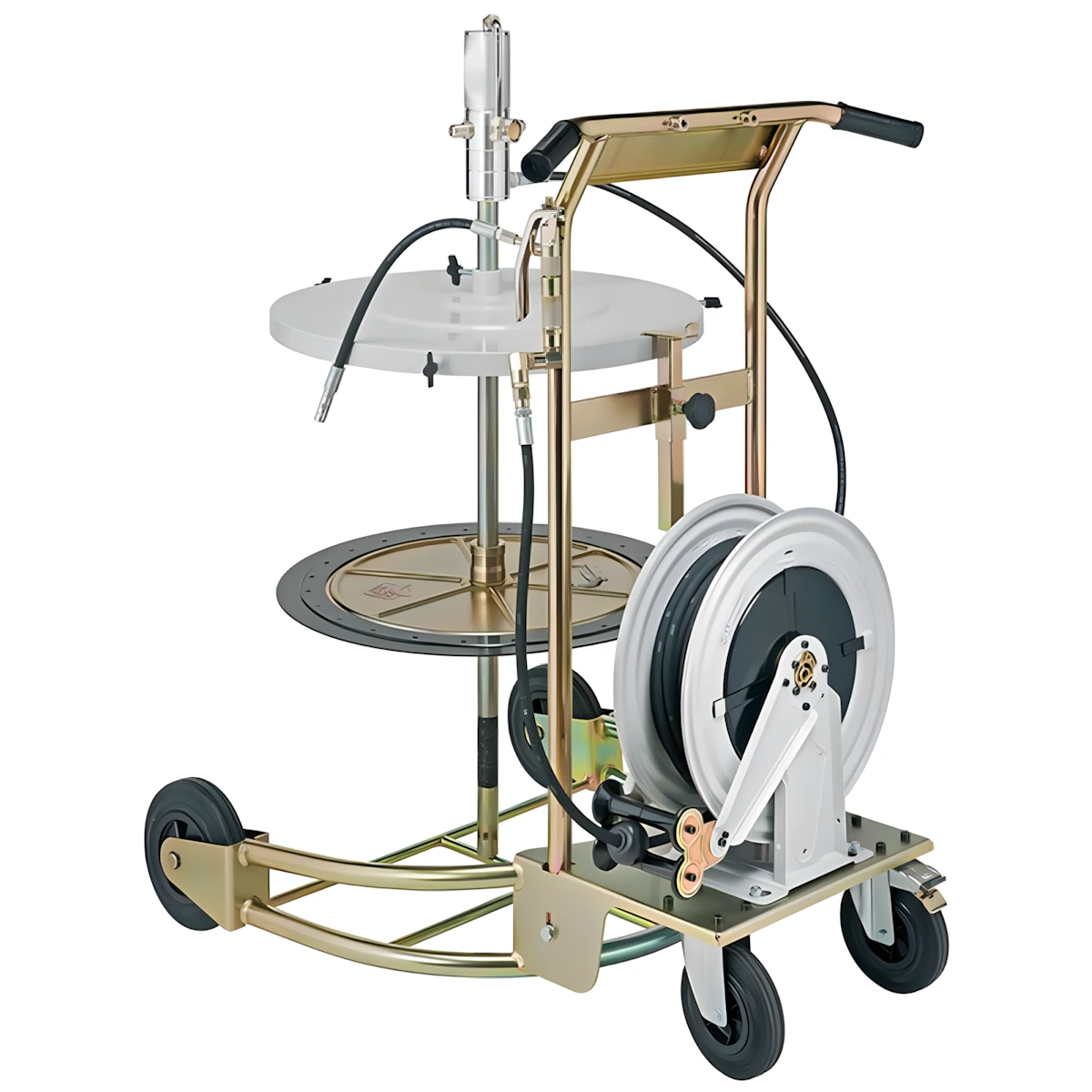 Kit Engraxadeira Pneumática Ecodora 50:1 com Vazão de 1,5 kg/min. Acompanha Carrinho, Tampa do Tambor, Compactador, Carretel Automático e Gatilho. Adaptável a Tambores de 180 a 220kg MIX-64001