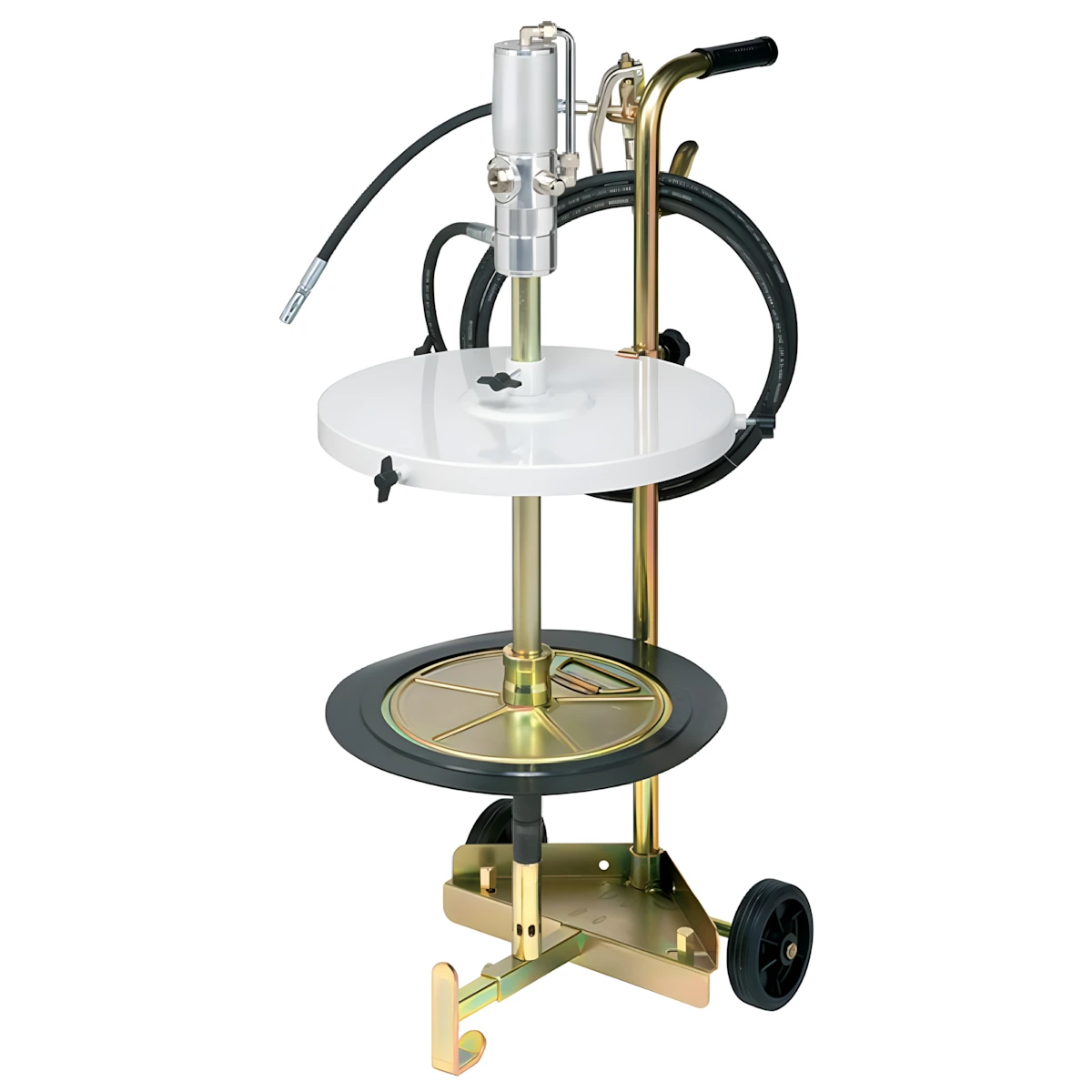 Kit Engraxadeira Pneumática 50:1 Ecodora com vazão de 1,5kg/min com Tampa para Reservatório, Compactador, Gatilho e Carrinho. Sistema de Lubrificação Compacto para reservatórios de 50-60kg e 370 a 420mm de Diâmetro MIX-64041