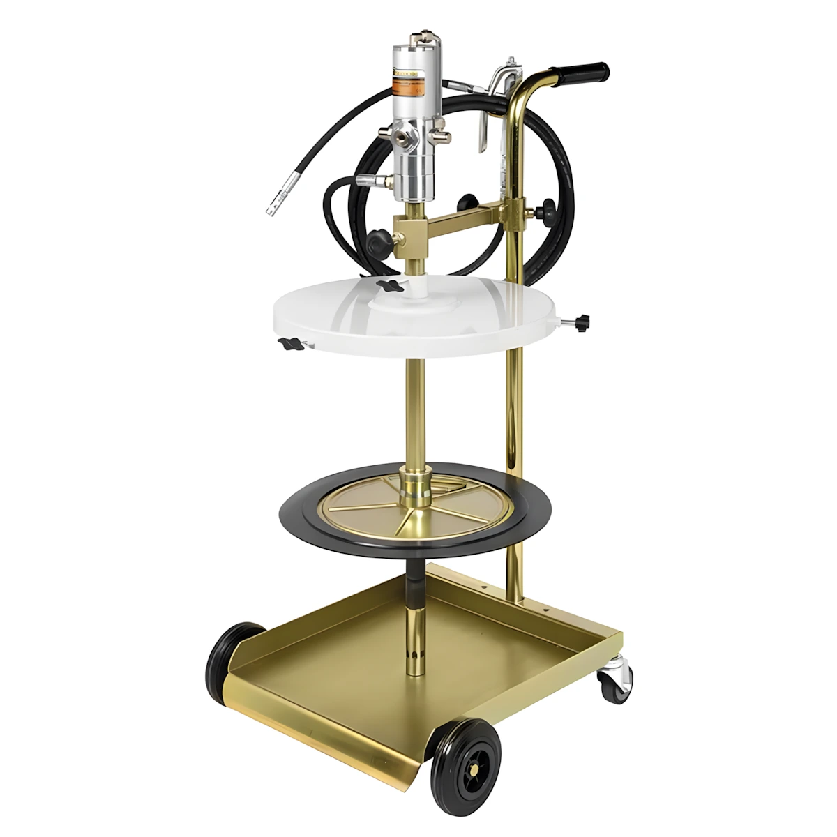 Kit Engraxadeira Pneumática 50:1 Ecodora com vazão de 1,5kg/min com Tampa para Reservatório, Compactador, Gatilho e Carrinho. Sistema de Lubrificação Compacto para reservatórios de 50-60kg e 370 a 420mm de Diâmetro MIX-64064