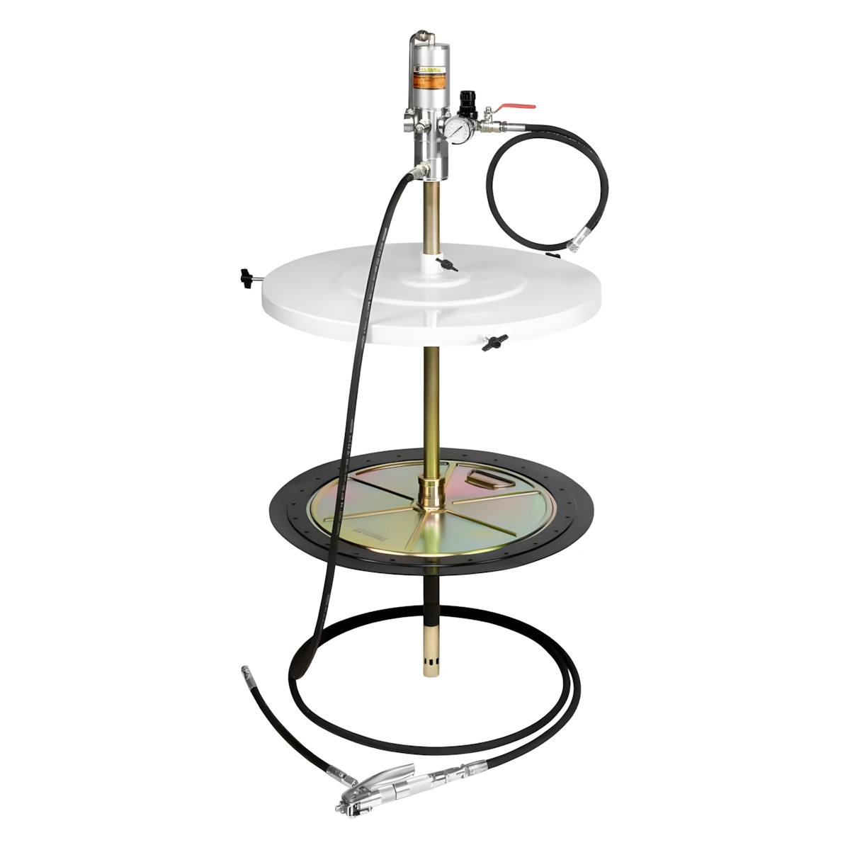 Kit Engraxadeira Pneumática 50:1 Ecodora com vazão de 1,5kg/min com Tampa para Reservatório, Compactador, Regulador de Pressão e Gatilho. Sistema de Lubrificação Compacto para Reservatórios de 50-60kg e 370 a 420mm de Diâmetro MIX-64145