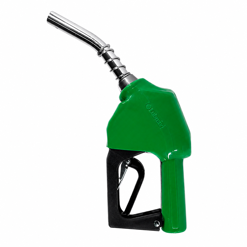 Bico automático de abastecimento para combustíveis, com corpo ergonômico na cor verde, gatilho preto e tubo metálico curvo em aço. O equipamento está fotografado isoladamente sobre fundo branco, destacando seu design robusto para transferência de diesel, gasolina ou outros combustíveis.