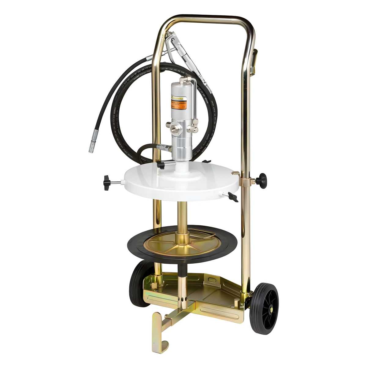 Kit Engraxadeira Pneumática 50:1 Ecodora com vazão de 1,5kg/min com Tampa para Balde, Compactador, Gatilho e Carrinho. Sistema de Lubrificação Compacto para Baldes de 12-30kg e 300 a 350mm de Diâmetro MIX-64036