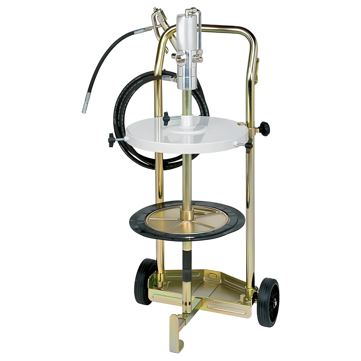 Kit Engraxadeira Pneumática 65:1 Ecodora com vazão de 1,9kg/min com Tampa para Reservatório, Compactador, Gatilho e Carrinho. Sistema de Lubrificação Compacto para reservatórios de 50-60kg e 370 a 420mm de Diâmetro MIX-6404265