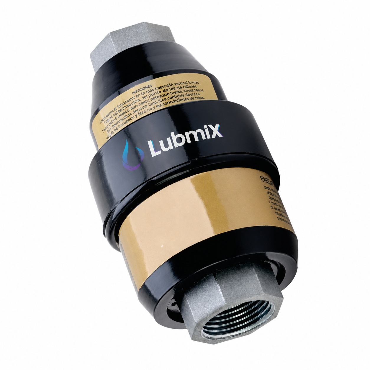 Válvula Breakaway Lubmix para sistemas de transferência de combustíveis e fluidos, com corpo cilíndrico metálico nas cores preta e dourada e conexões roscadas em ambas as extremidades. Projetada para desconexão de segurança em caso de tração excessiva na mangueira, ajudando a prevenir vazamentos e danos ao sistema. Produto fotografado isolado sobre fundo branco.